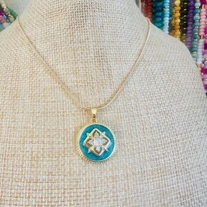 Gold and Teal Floral Pendant Necklace - Women Jewelry